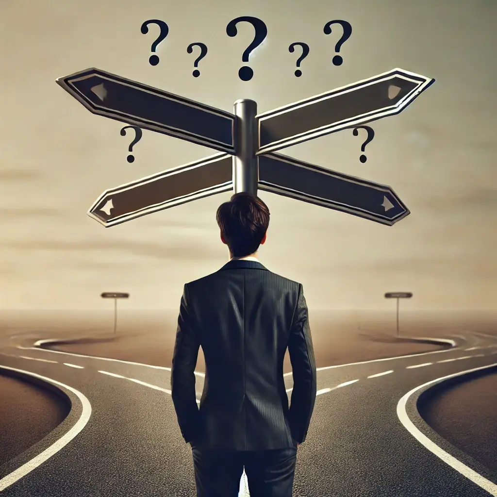 „Eu cu cine votez?!”- România în pragul schimbării: de ce este vital să votăm diferit în alegerile prezidențiale DALL·E 2024 11 23 18.37.28 A well dressed person seen from behind standing at a crossroads with multiple roads extending in different directions. The signs at the intersections 1