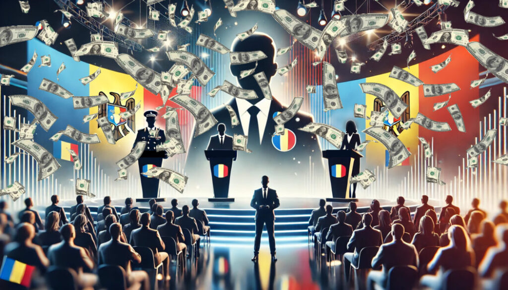 DALL·E 2024 11 27 18.48.37 An artistic representation of a political campaign in Romania showing a debate stage with three podiums featuring Romanian flags and campaign materia e1740126041256