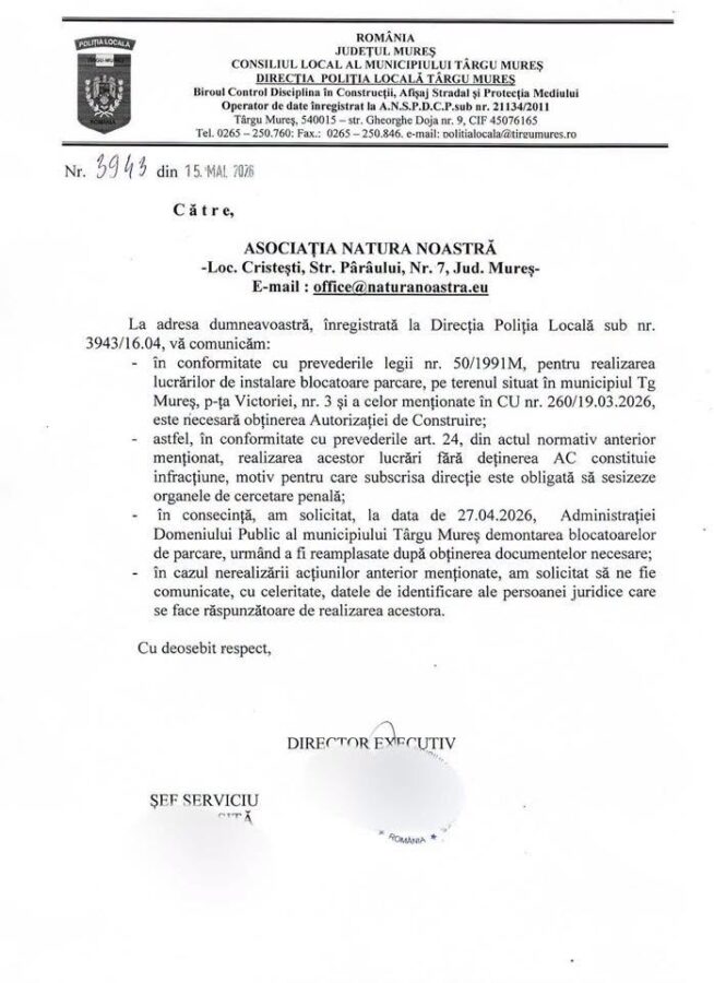 Management urban după ureche la Târgu Mureș: de la semaforul-minune la parcarea-fantomă 2 Raspuns Politia Locala e1779207126316